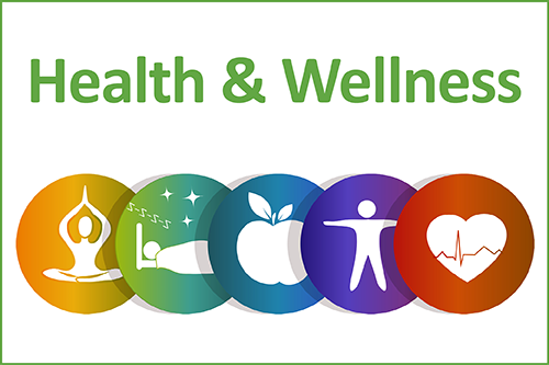 Five different colored health icons depicting yoga, sleep, healthy food, exercise and heart health
