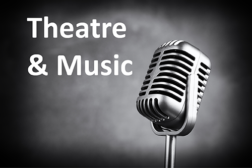 Old style microphone with words: Theatre & Music