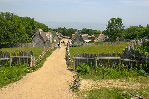 Explore, American History: A Colonial Recreation of the Pilgrim Puritan Colony in Massachus Colonial village Massachusetts Colony