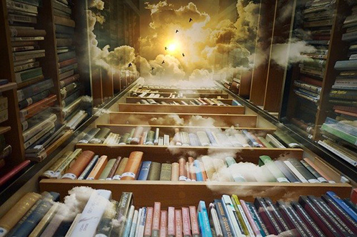 Shelves of books with illuminated cloud above
