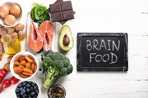 Healthy food with a sign that reads "Brain Food"