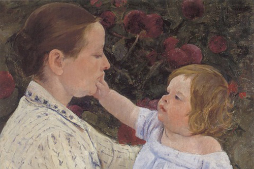 Painting of a child touching mother's cheer