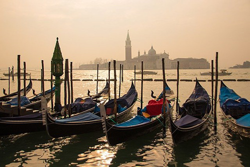 Gondolas lined up on the Venice waters.