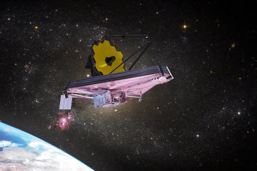Photo of webb space telescope against dark sky of space, with earth in the lower left corner