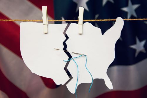 American Current Events: United States Divided Polarization Cut out of US outline in two pieces held together by a thread
