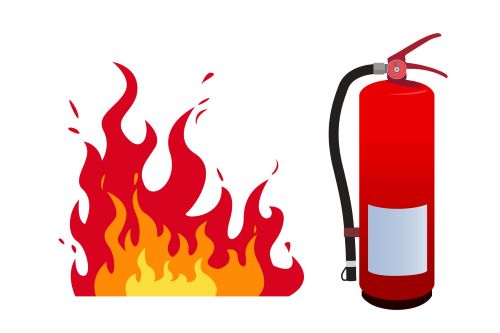 Graphic of red fire extinguisher next to a fire
