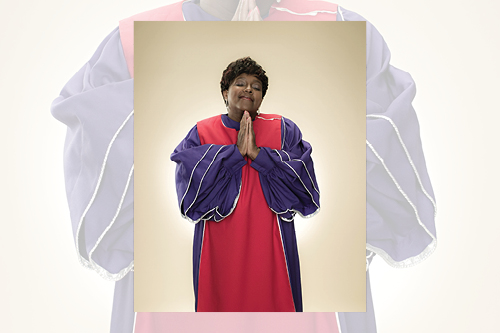 Music: Gospel singer Female singer with clasped hands wearing a red and blue robe