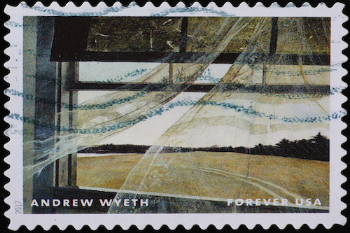 Andrew Wyeth painting of window with sheer curtain blowing in the breeze