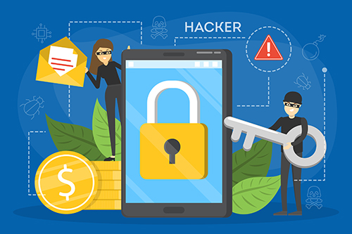 Stealing digital data from the mobile phone. Thief attack device system, illustration in cartoon style.