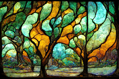 Stained glass of a forest in the style of Louis Comfort Tiffany.