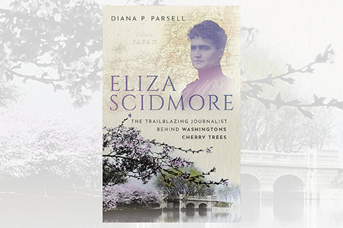 Book cover of Diana Parsell book featuring photo of journalist Eliza Scidmore and cherry trees