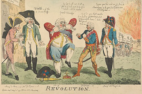 Vintage cartoon of Great Britain opinions of the American Revolution
