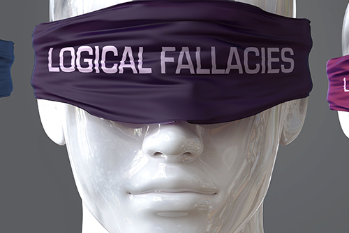 Logical fallacies can blind our views and limit perspective - pictured as word Logical fallacies on eyes to symbolize that Logical fallacies can distort perception of the world,