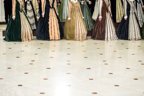 View of women's skirts, dressed in renaissance style