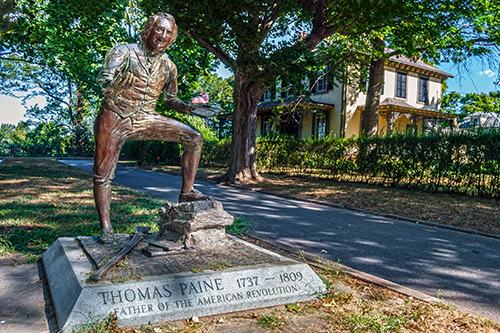 The historic statue of Thomas Paine, author of “Common Sense” important to the American Revolution