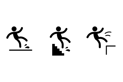 Caution symbols with stick figure man falling. Silhouette of a falling person. Wet floor, dripping on stairs, fall down from ladder and over the edge.