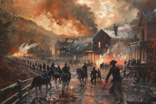 Painting of John Brown raid on Harpers Ferry explosions fire