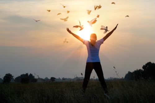 Silhouette of man lifting his arms and birds flying free
