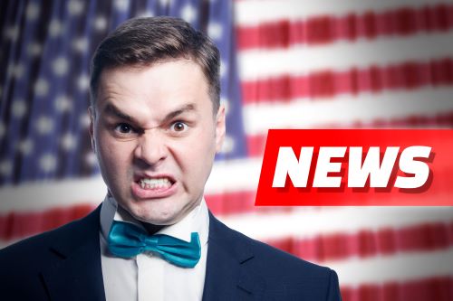 Scowling man in front of American flag and News title