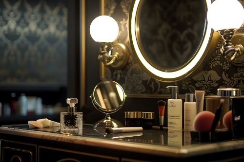 Vintage looking photo of cosmetics on a dressing table.
