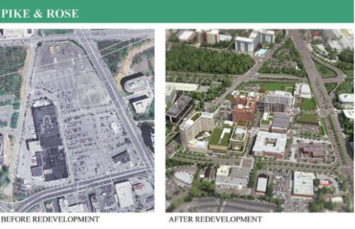 Before and after photos of Pike and Rose shopping center on Rockville Pike