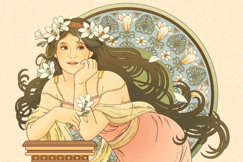 Alphonse Mucha style art nouveau drawing of a woman with long wavy hair