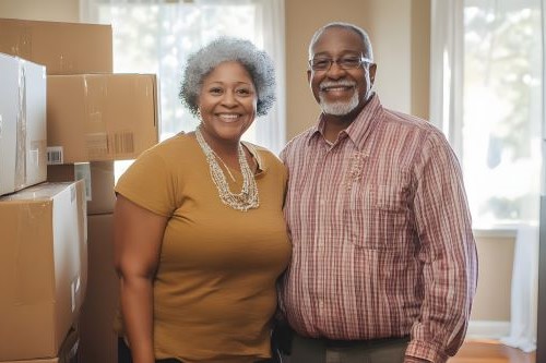 Photo of happy couple moving into their new home downsizing