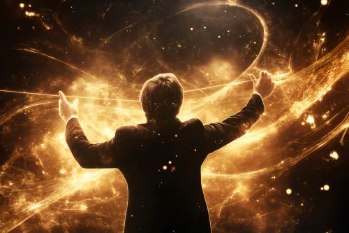Composer conducting a symphony for a film score, his back turned, immersed in a golden, cosmic light, creating a dramatic atmosphere