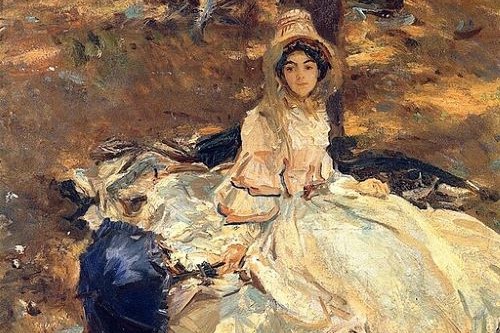 John Singer Sargent painting of woman in a pink dress
