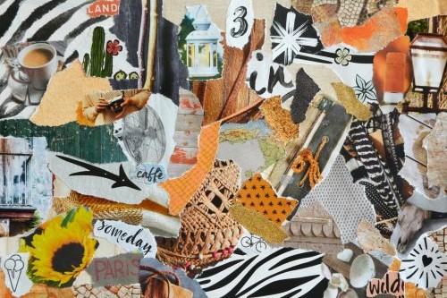 Paper collage with overall orange and black theme
