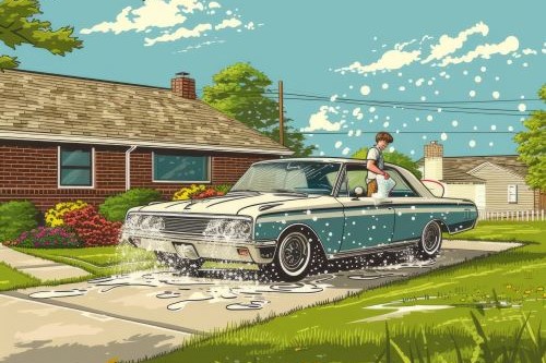 Drawing of suburban scene of man washing his car in his driveway