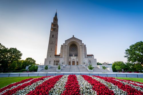 Photo of gardens and basilica at the national shrine of immaculate conception in washington, dc