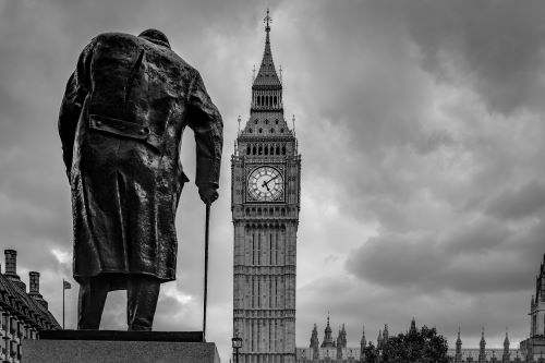 Back of statue of Winston Churchill facing Big Ben