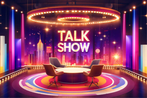 Painting of a stage setting for a talk show