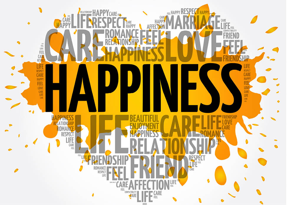 Happiness Word array with happiness in the center. Other words arranged in a heart shape