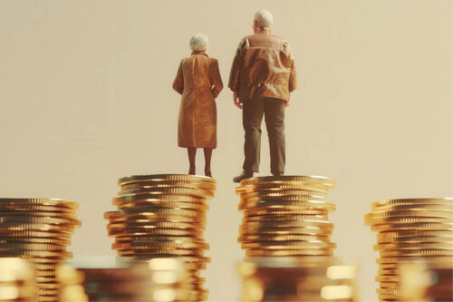 Older adults standing on coins to represent the economics of living longer