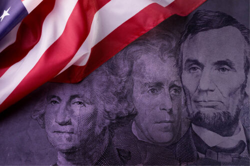 Image of Washington, Jackson and Lincoln against American flag