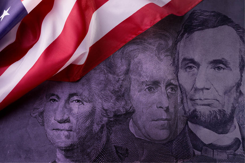 American presidents Image of Washington, Jackson and Lincoln against American flag