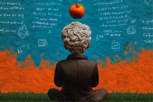 Drawing of Issac Newton with apple on his head