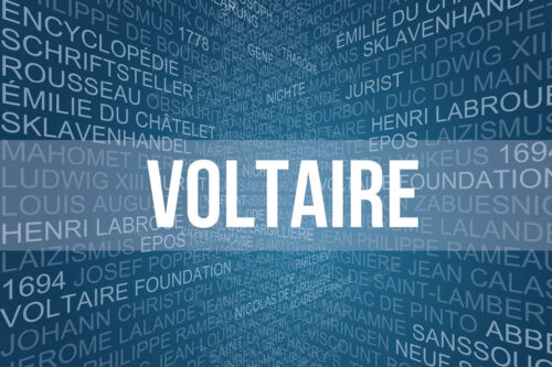 The word "Voltaire" on a blue backgroun