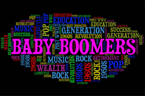 Graphic with bright pink words Baby Boomers