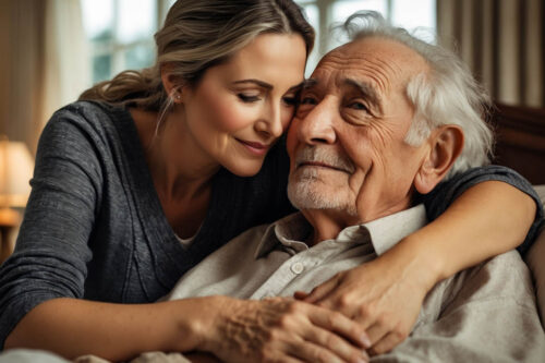 Adult child hugging older parent