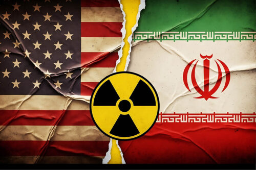 Iranian and US flags with nuclear symbol