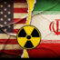 Iranian and US flags with nuclear symbol