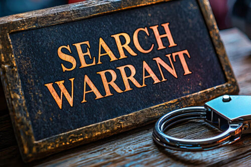 Plaque with the words "search warrant" on it, alongisde handcuffs
