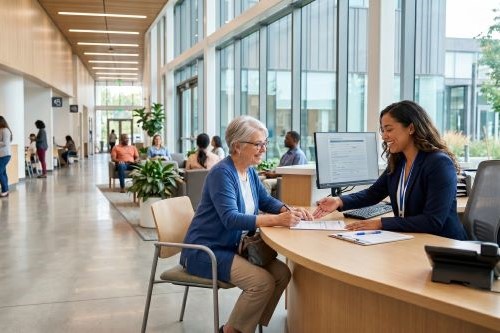 Woman helping an older adult woman in a government or office setting