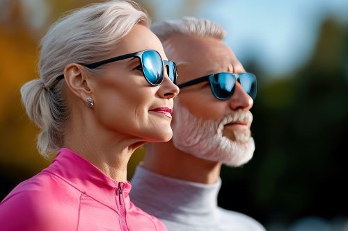 Two people looking forward into the sun wearing sunglasses