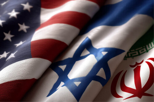 American flag, Israeli flag, and Iranian flag