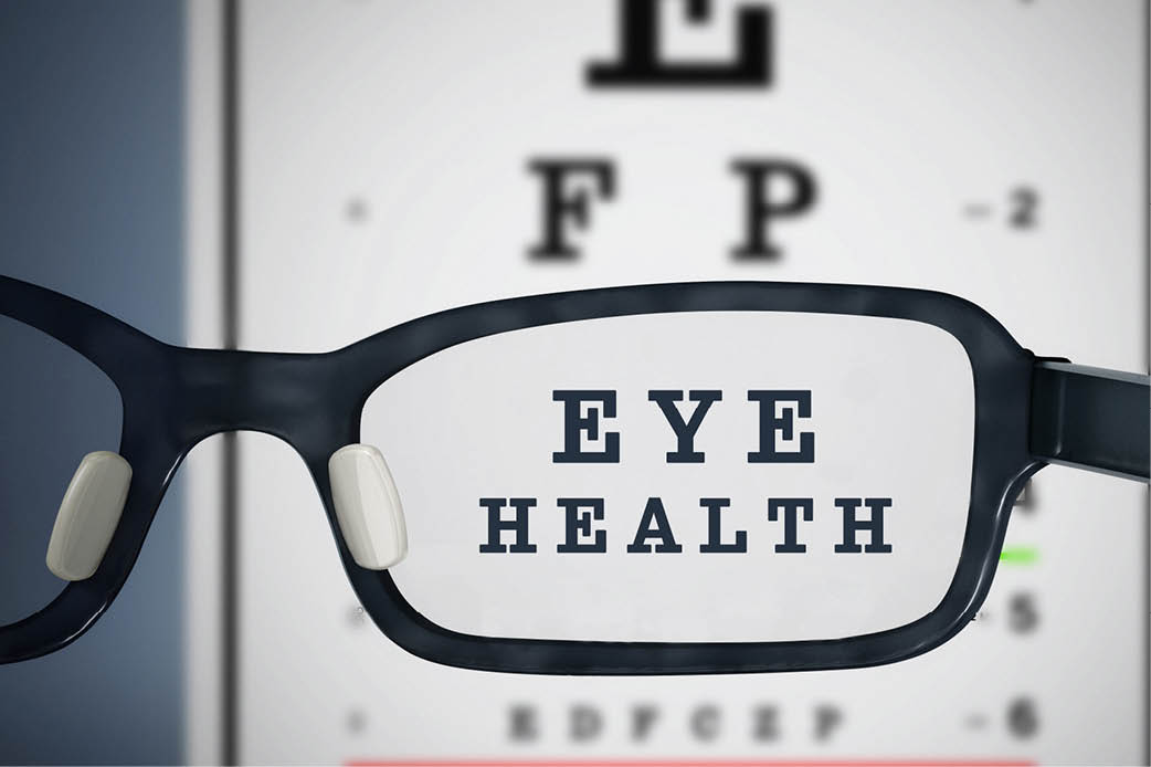 Clear Sight, Fewer Falls Eye exam through glasses with words saying "eye health"