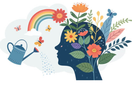 cartoon image of a head blooming with flowers, rainbows, and butterflies